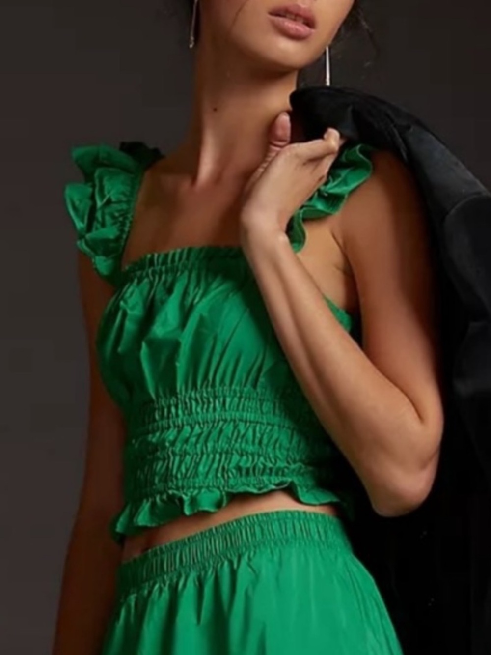 Maeve Anthropologie Emerald Smocked Taffeta Ruffle-Sleeve Crop Top